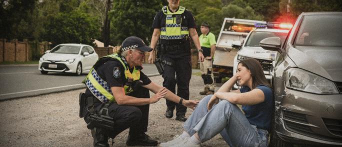 police officers talk to young woman after car crash