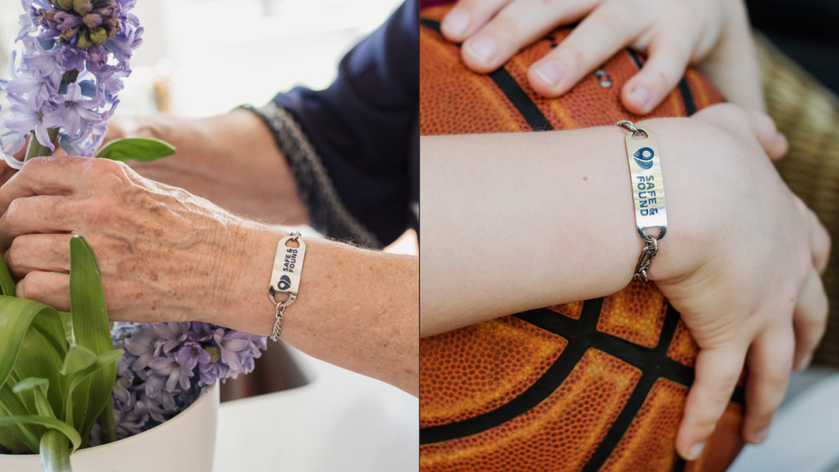 Two people wearing Safe & Found bracelets